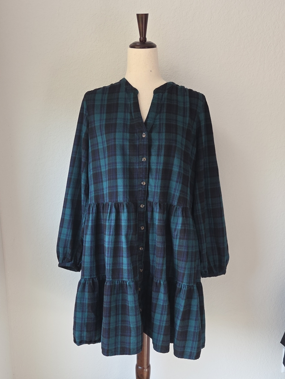 Time and Tru Dark Teal Green Navy Blue Tartan Plaid Button-Front Tiered Dress L